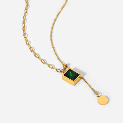 Rectangle Green Crystal Dangle Pendant Chain Necklace