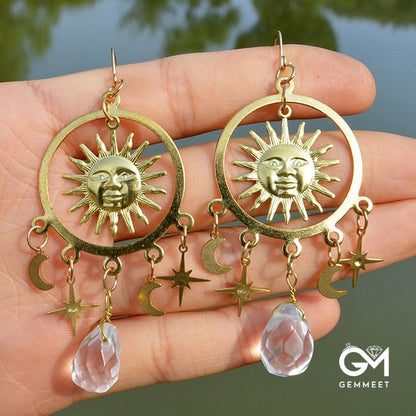 Sun Moon Stars Raindrop Crystal Earrings