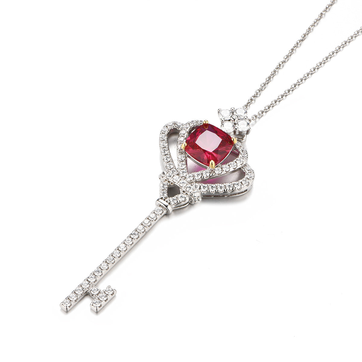 Sterling Silver Ruby Sapphire Key Shape Full Diamond Crown Pendant