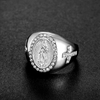 Hip-hop Jewelry Titanium Steel Gold-plated Inlaid Cubic Zirconia Virgin Mary Men's Ring