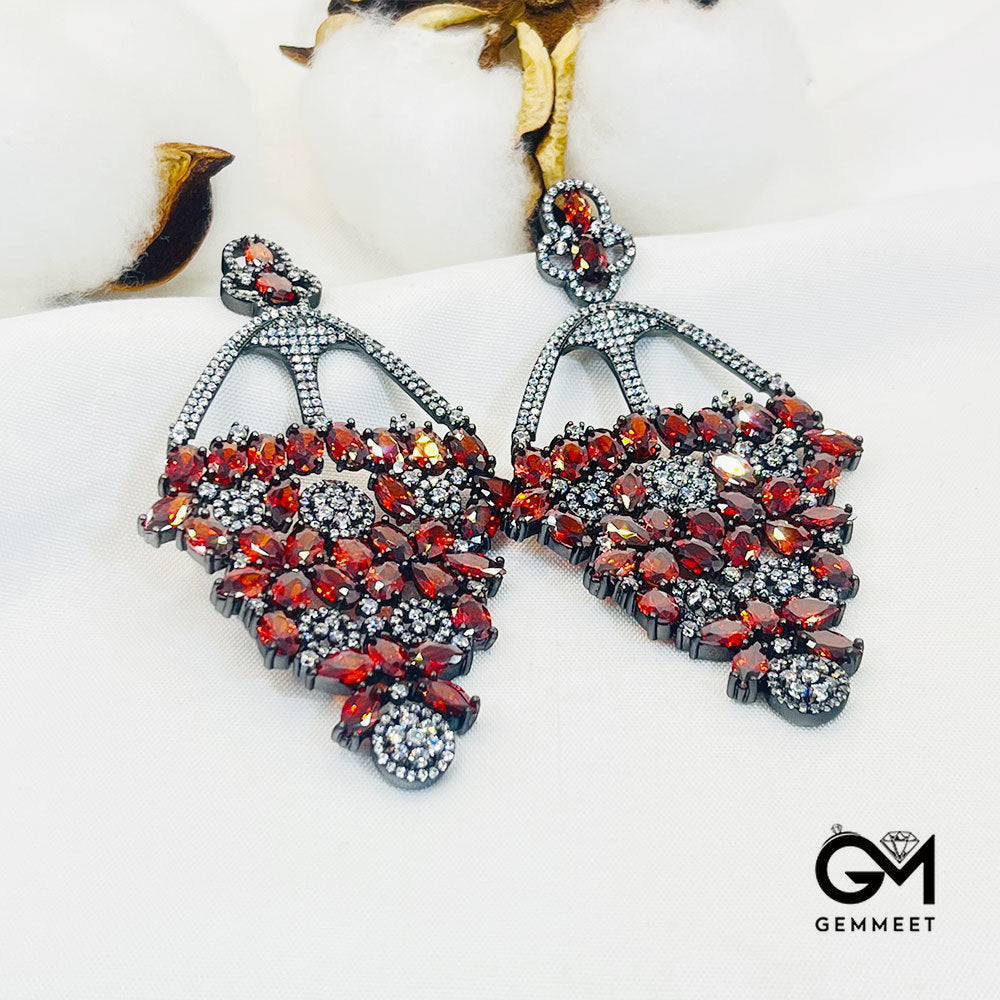 Hollow Big Pear Shape Full Red Stones Drop Earrings