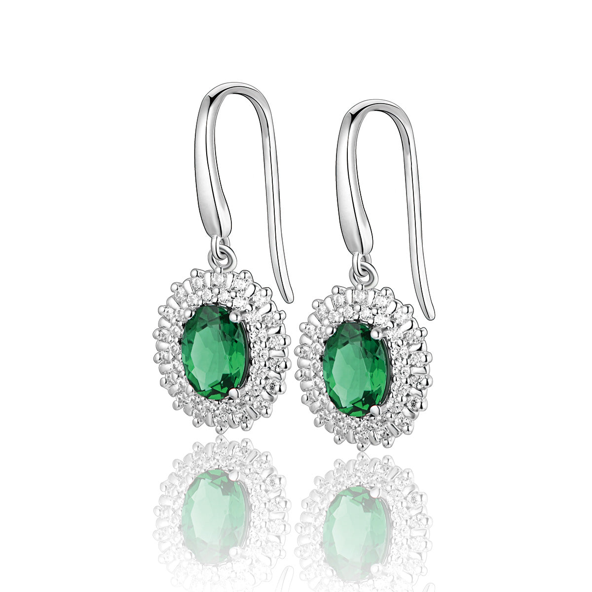 White Gold Oval Emerald Gem Drop Earrings with Worldwide Setting Stones