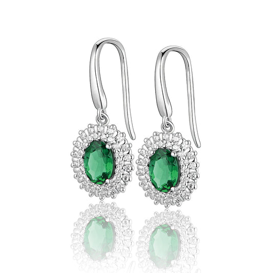 White Gold Oval Emerald Gem Drop Earrings with Worldwide Setting Stones