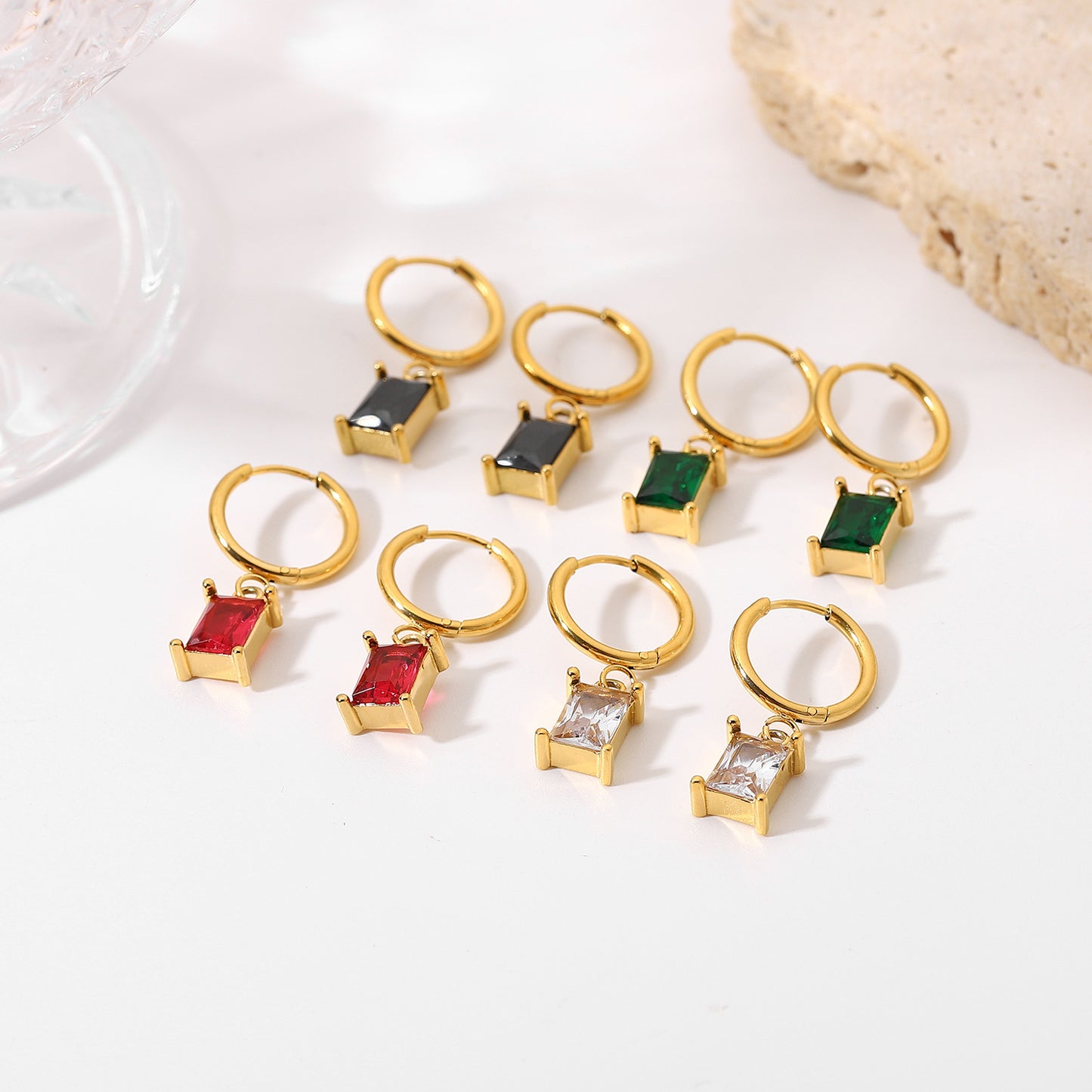 Rectangle Color Stone Dangle Earrings