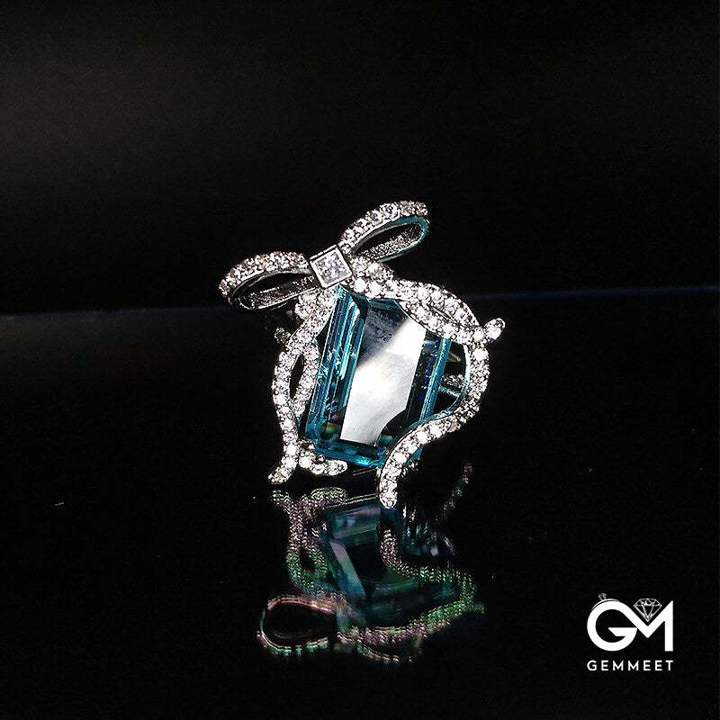 New Brilliant Imitation Aquamarine Bow Ring Fire Santa Maria Imitation Topazche Ring