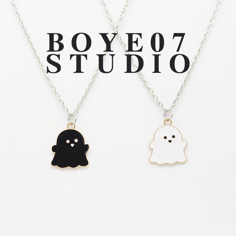 Cartoon Black and White Ghost Necklace Powder Blue Ghost Pendant Personality Creative Sweet Cool Niche Halloween Gift