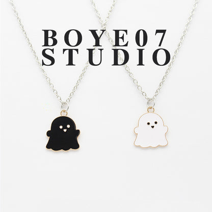 Cartoon Black and White Ghost Necklace Powder Blue Ghost Pendant Personality Creative Sweet Cool Niche Halloween Gift