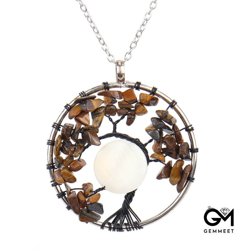 Shell Curved Black Copper Wire Crystal Tree of Life Necklace