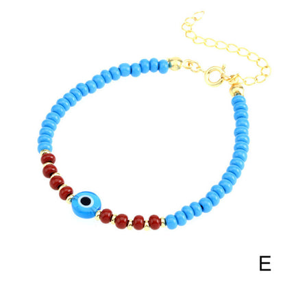 Mixed Colored Glass Rice Beads Handmade Beaded Overlay with Colored Devil's Eye Resin Beads String Bracelet