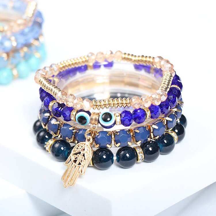 Evil Eye Hamsa Four Layer Beaded Bracelet Set