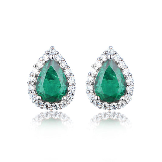 White Gold Pear Shape Full Stones Stud Earrings With Emerald Gem