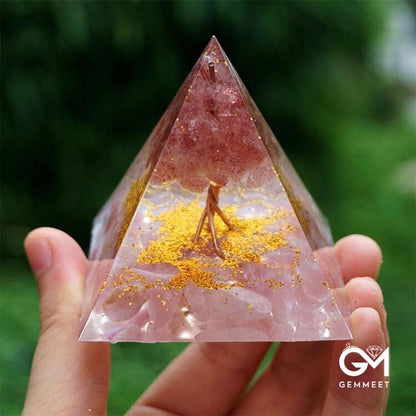 Tree of Life Strawberry Quartz With Rose Quartz Orgone Pyramid