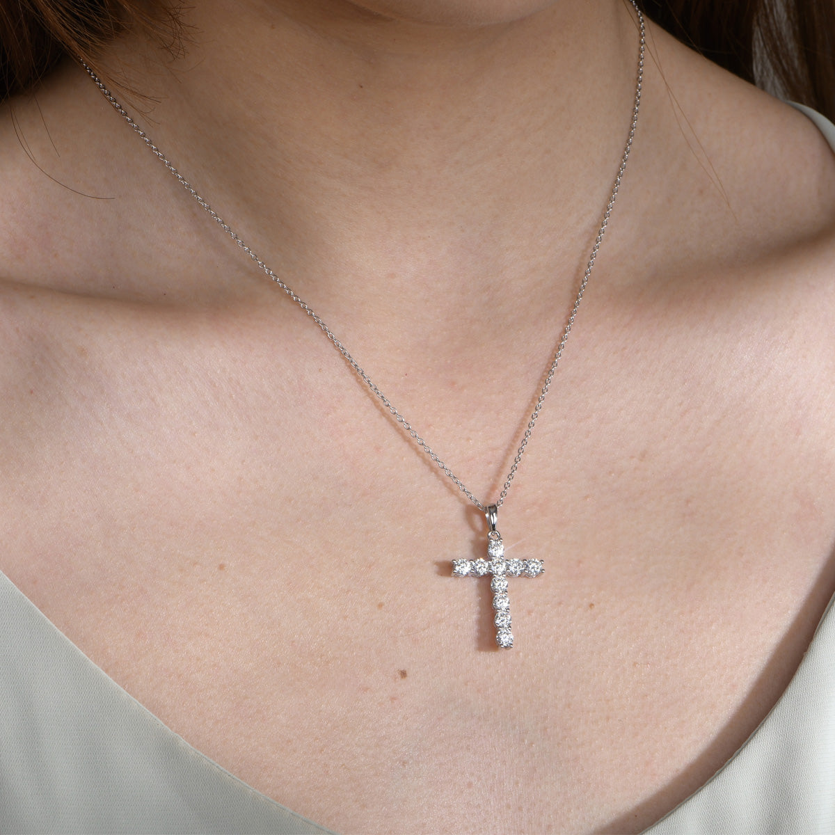 Sterling Silver Tennis Cross Pendant with Round Brilliant Cut Stones