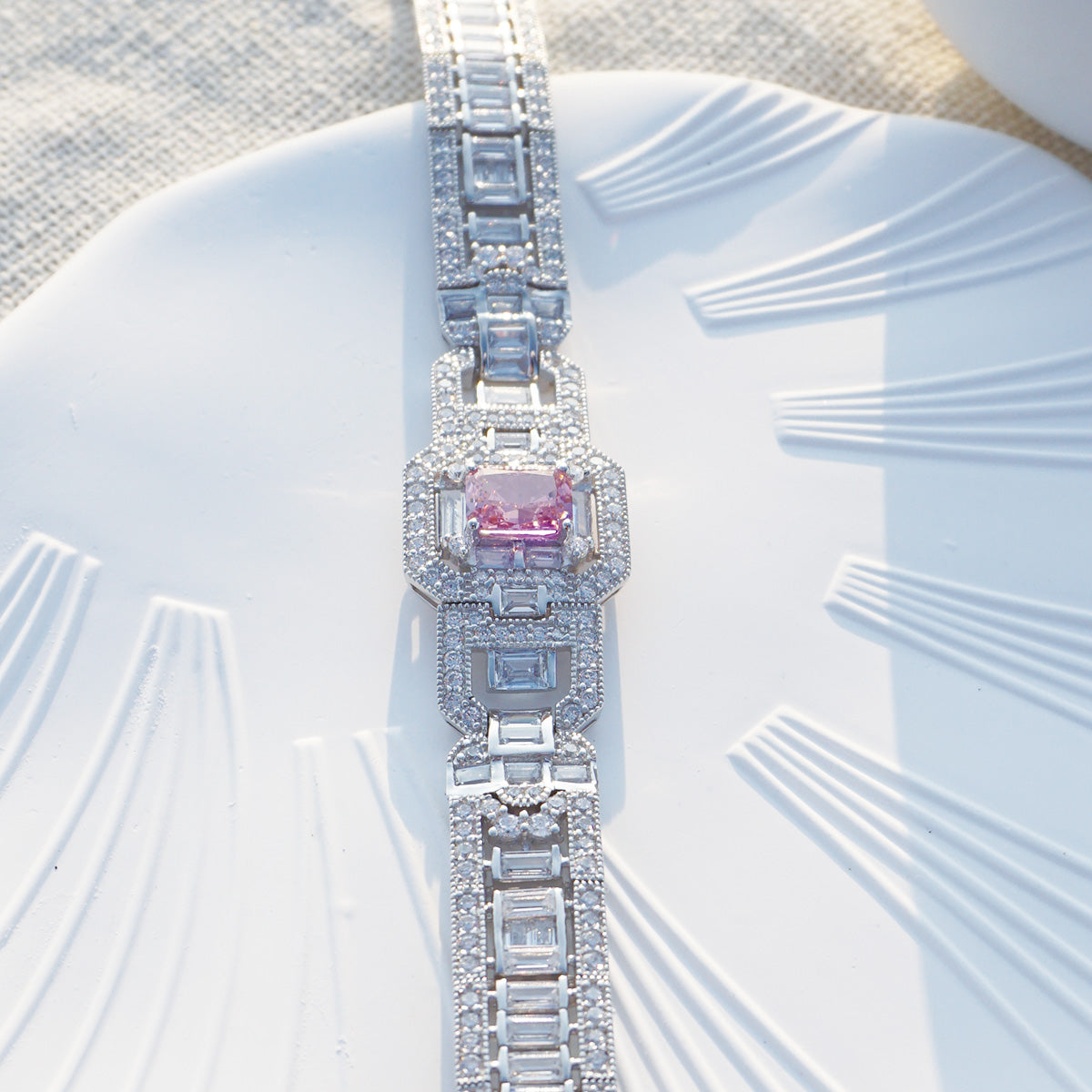 White Gold Square Pink Sapphire Full Stones Bracelet