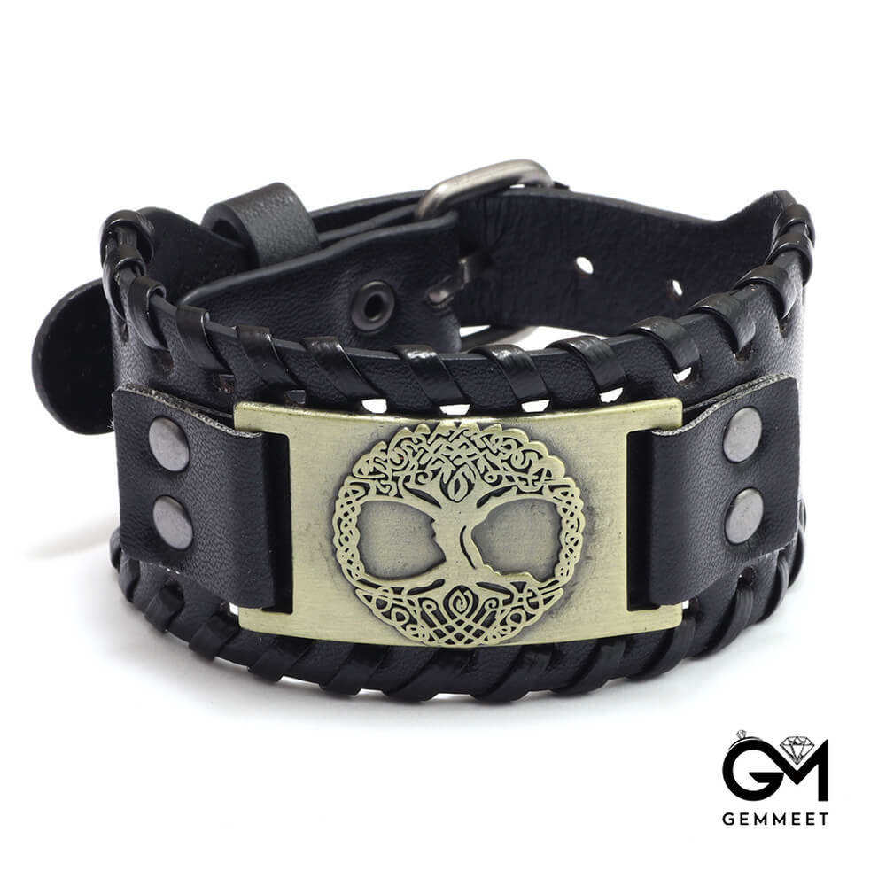 Leather Tree of Life Alloy Wide Bracelet