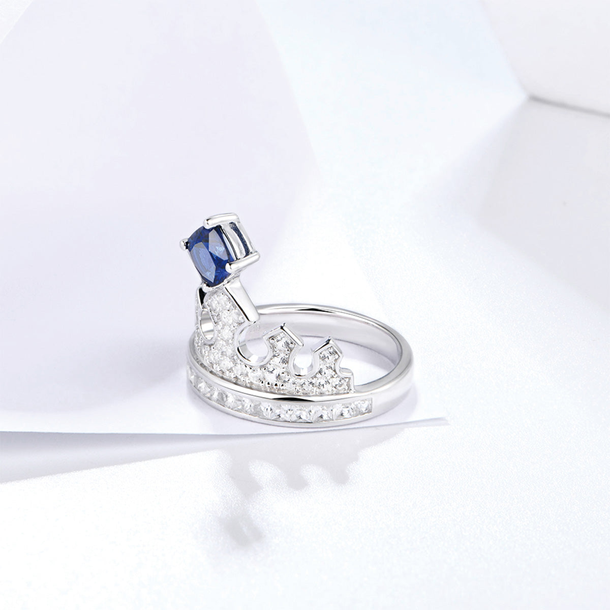 White Gold Square Blue Sapphire Crown Ring with Full Stones