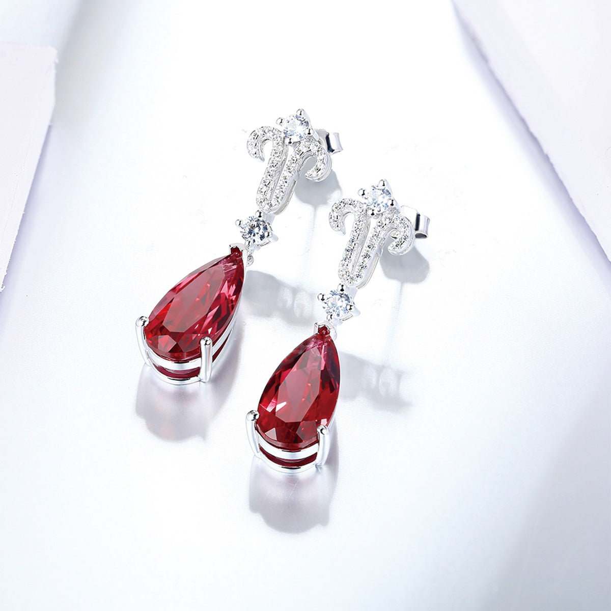 White Gold Full Zultanite Stones Drop Earrings with Pear Brilliant Cut Ruby Gem