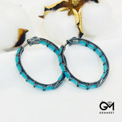 Bidirectional Design Full Drip Shape Light Blue Stone Hoop Earrings