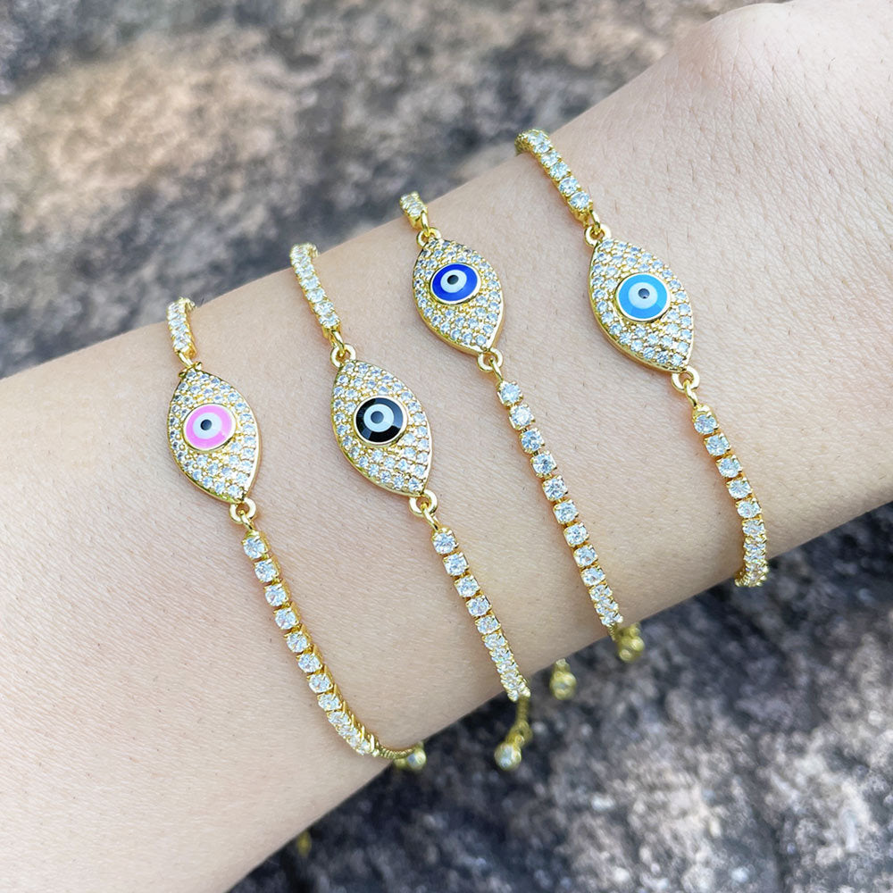 Golden Evil Eye Full Stones Tennis Bracelet