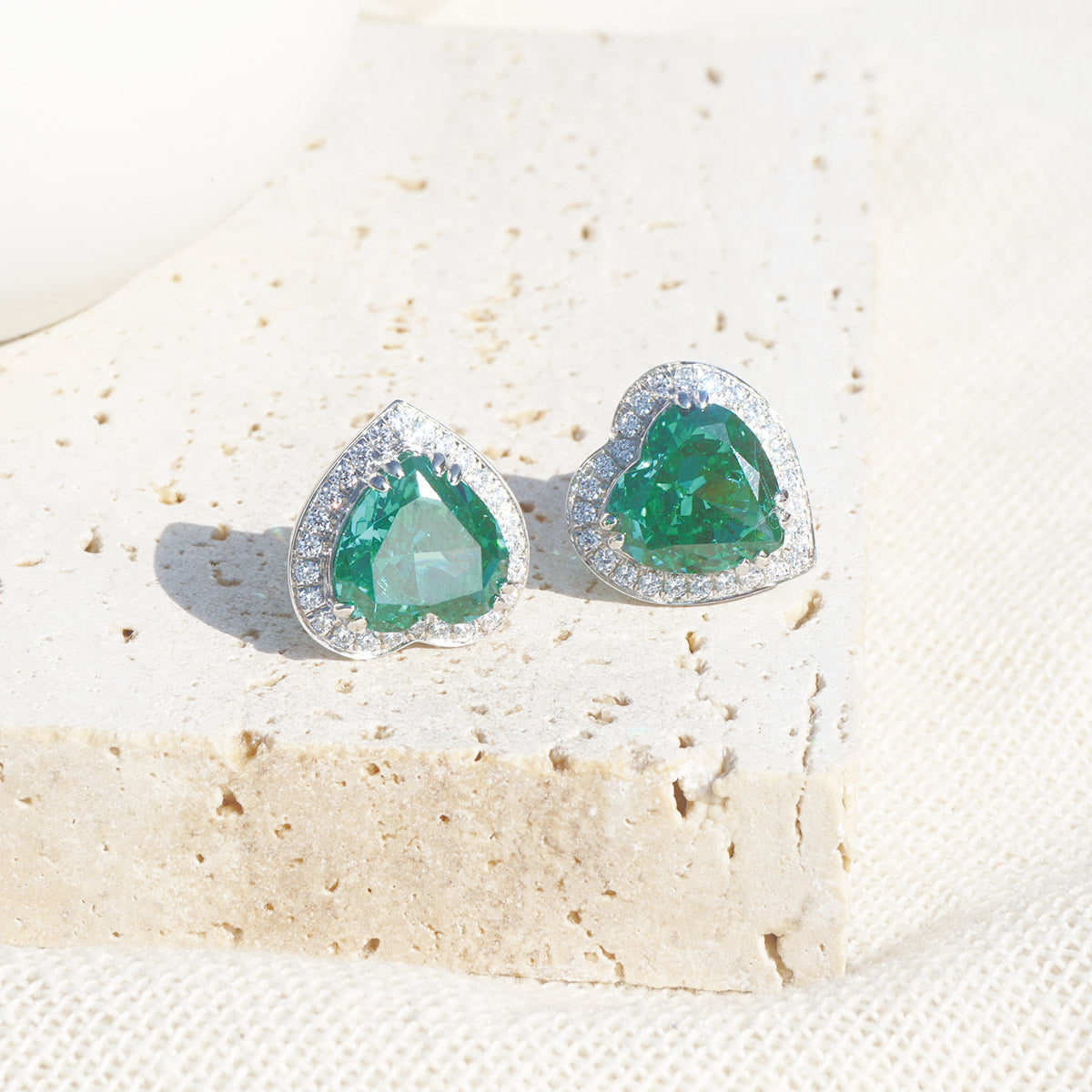 White Gold Plating Heart Shape Emerald Gem Full Stones Stud Earrings