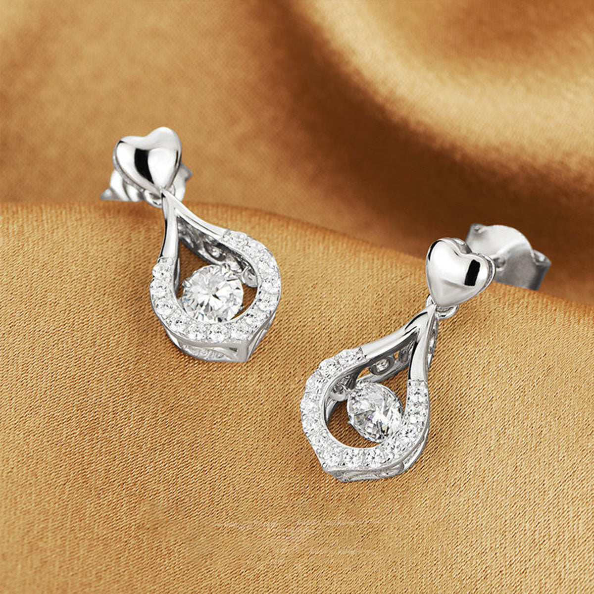 White Gold Drip Shape Full Stones Beating Heart Drop Earrings