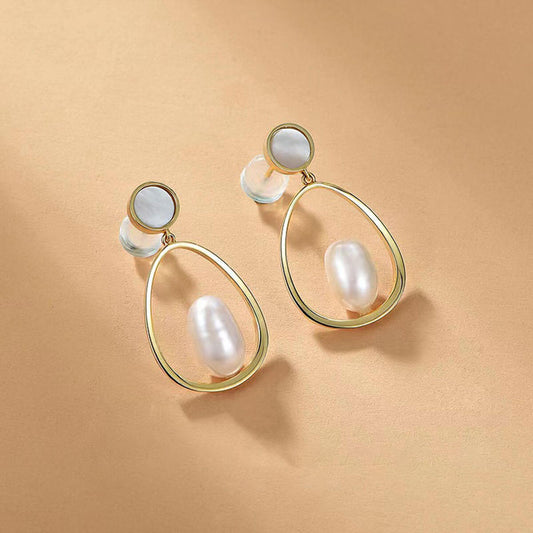 Golden Hollow Deasign Organic Pearl Drop Earrings