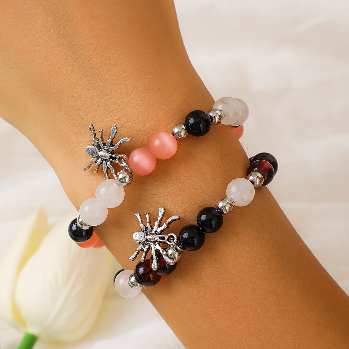 Halloween Blood Color Bead & Spider Pendant 2 Pcs Bracelet