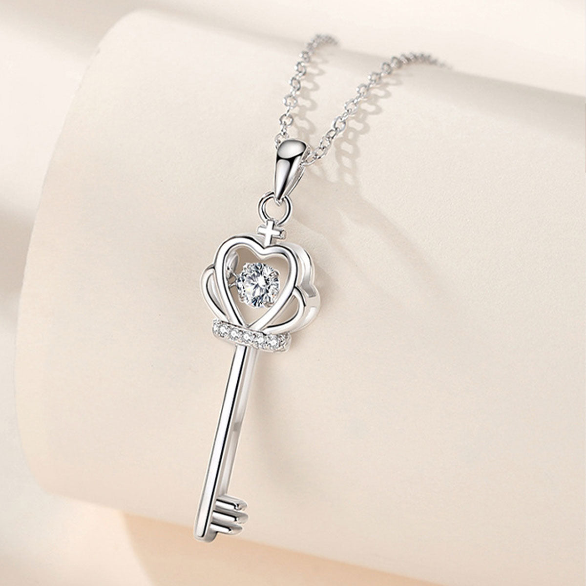 White Gold Crown Key Shape Beating Heart Mossanite Pendant