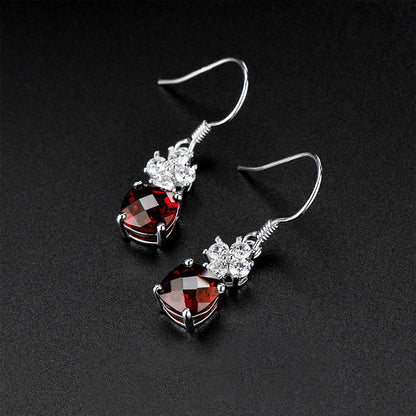 White Gold Square Ruby Garnet Dangle Earrings