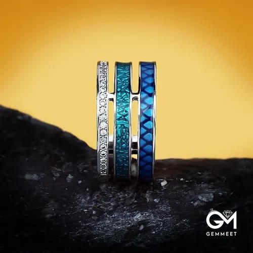 Handmade Three-Layer Blue Zircon Enamel Geometric Ring