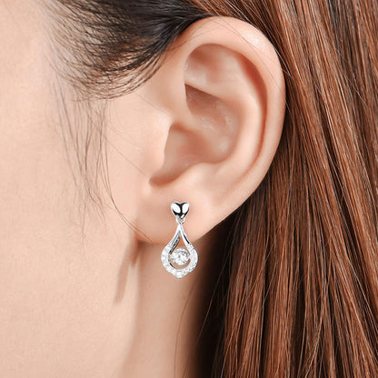 White Gold Drip Shape Full Stones Beating Heart Drop Earrings