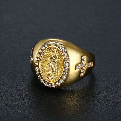 Hip-hop Jewelry Titanium Steel Gold-plated Inlaid Cubic Zirconia Virgin Mary Men's Ring