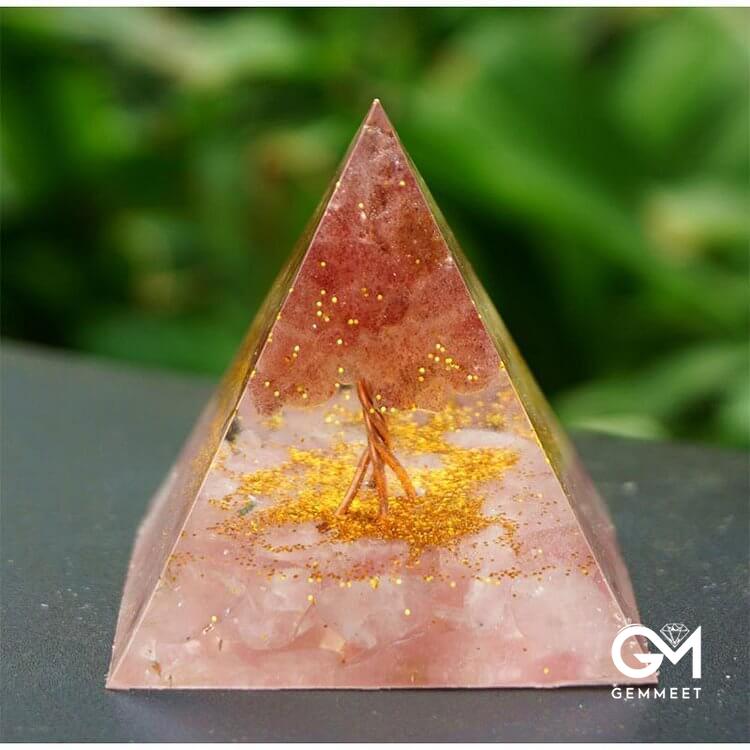 Tree of Life Strawberry Quartz With Rose Quartz Orgone Pyramid