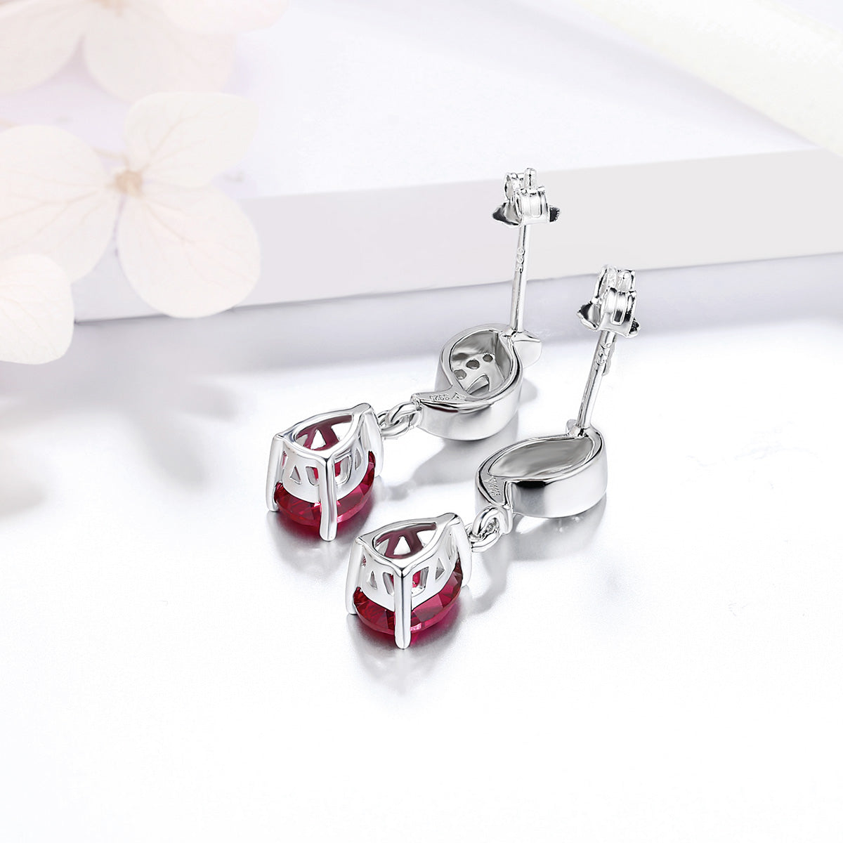 White Gold Hollow Drop Earrings with Pear Brilliant Cut Ruby Gem