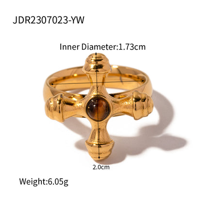 Gold Titanium Steel Stone Cross Ring