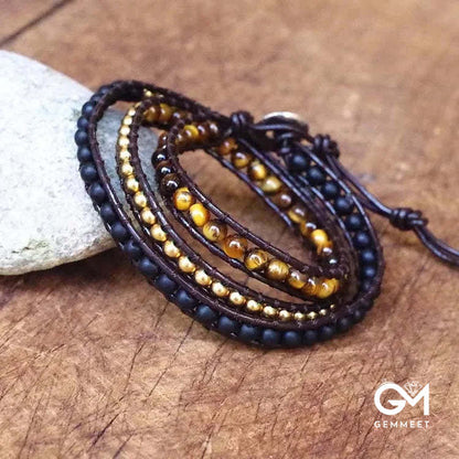 Tiger Eye Matt Black Onyx Beads Wrap Bracelet