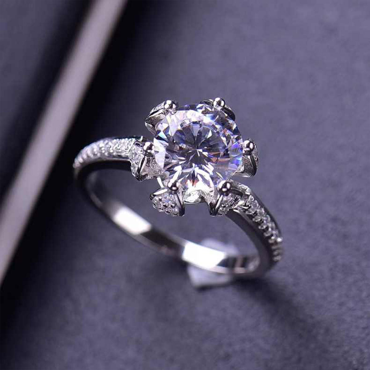 White Gold Rose Shape Adjustable Moissanite Ring