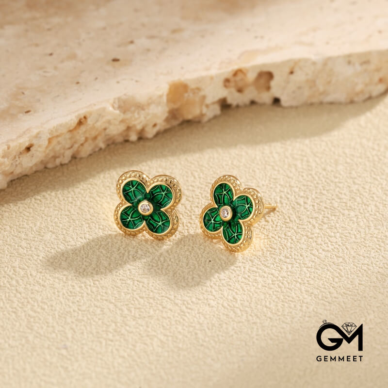 S925 Sterling Silver Green Four-leaf Clover Earrings