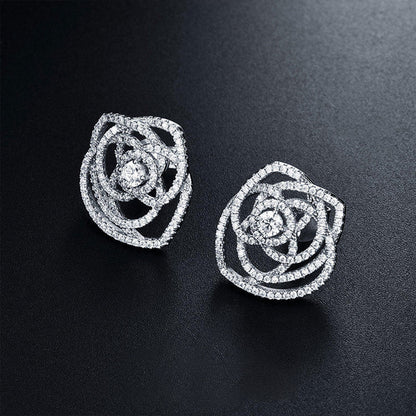 White Gold Rose Shape Full Stones Hollow Stud Earrings