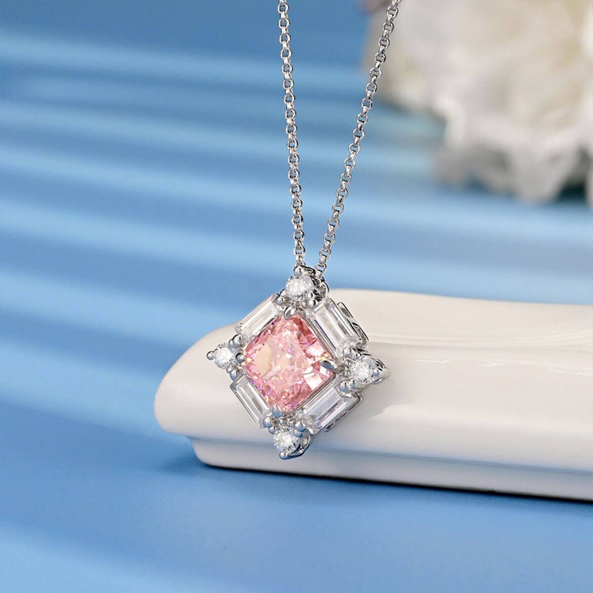 White Gold Square Cut Pink Gem Halo Pendant Chain