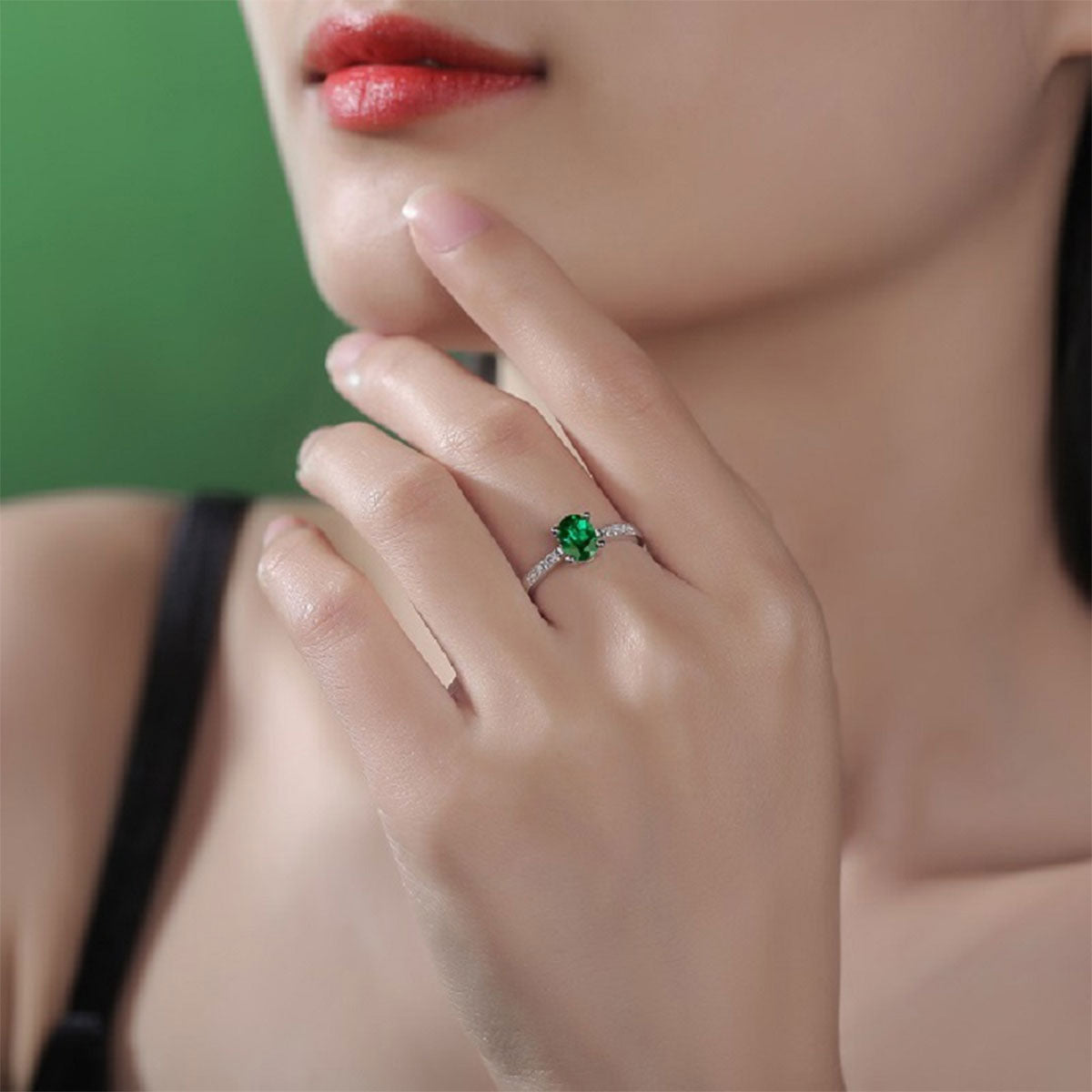 White Gold Oval Cut Emerald Adjustable Ring