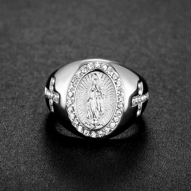 Hip-hop Jewelry Titanium Steel Gold-plated Inlaid Cubic Zirconia Virgin Mary Men's Ring