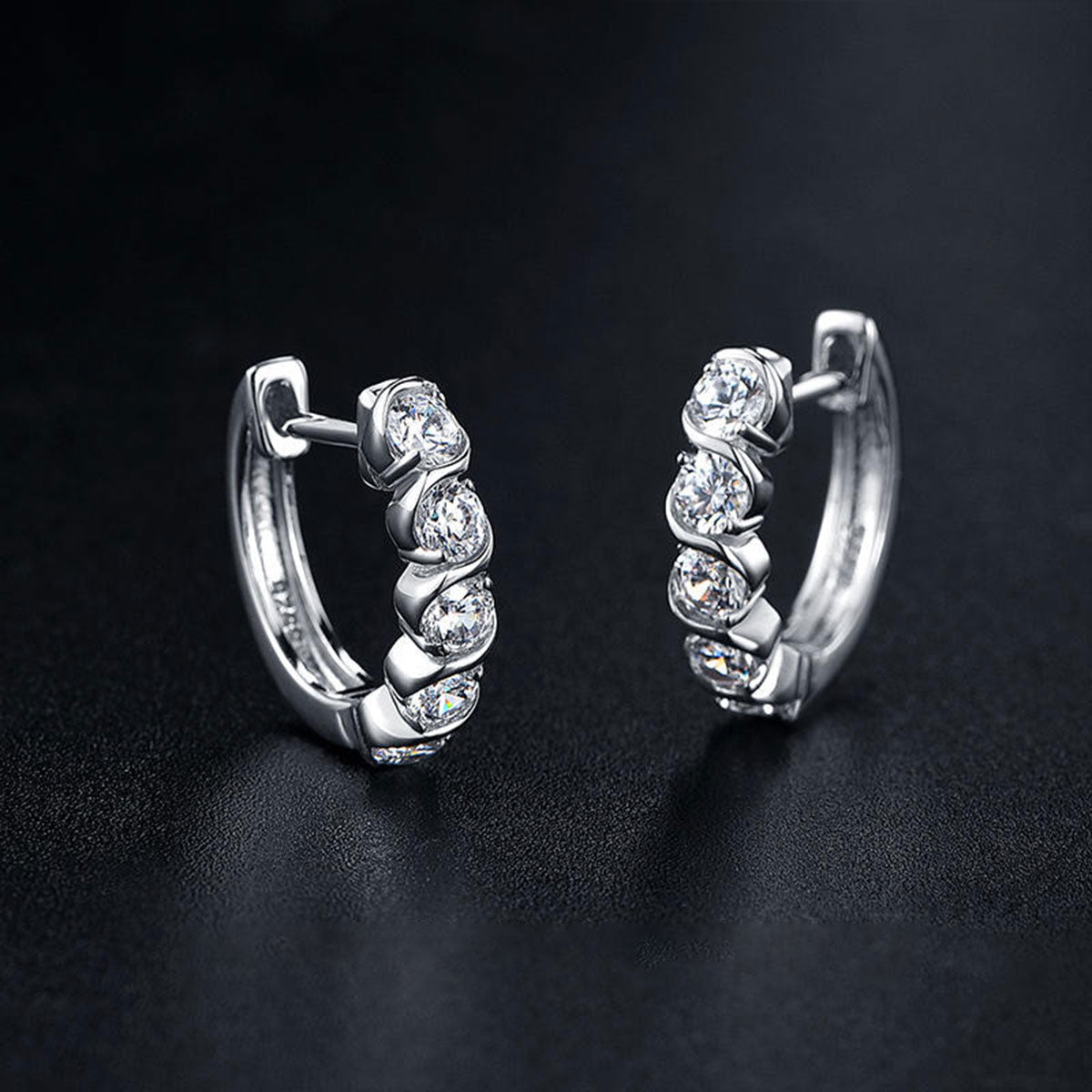 White Gold Classic Huggie Chanel Setting Stones Hoop Earrings