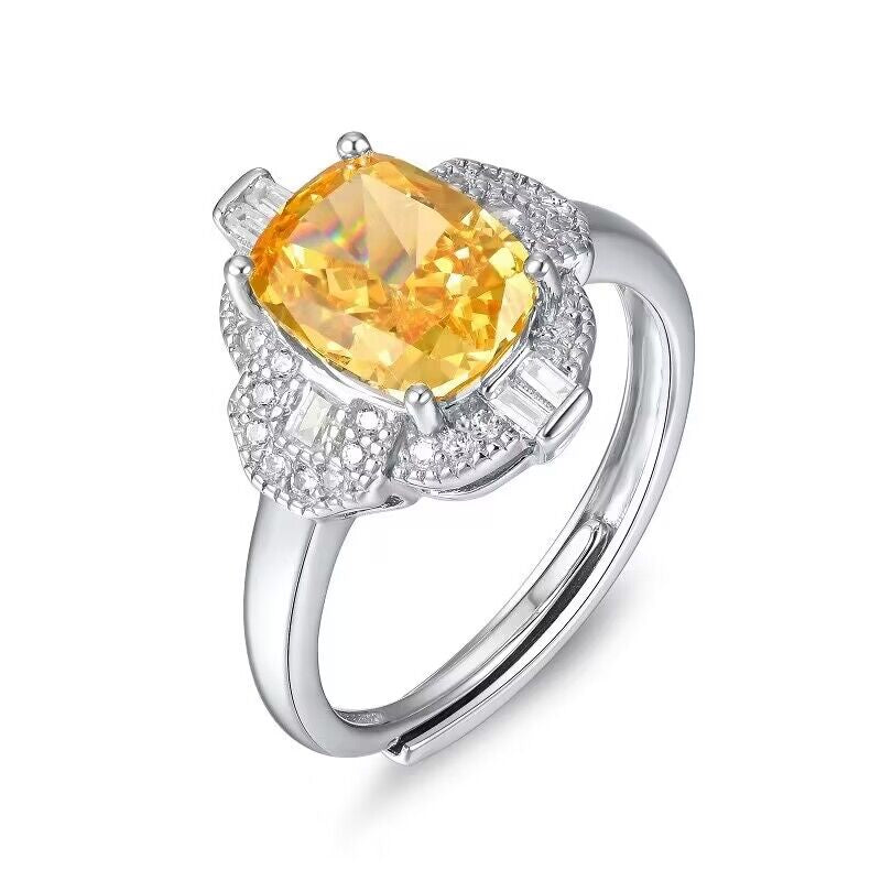 White Gold S925 Silver Emerald Cut Yellow Gem Signet Ring