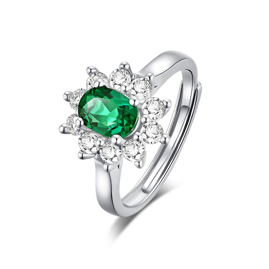 White Gold S925 Silver Sunflower Shape Olive Cut Emerald Ring