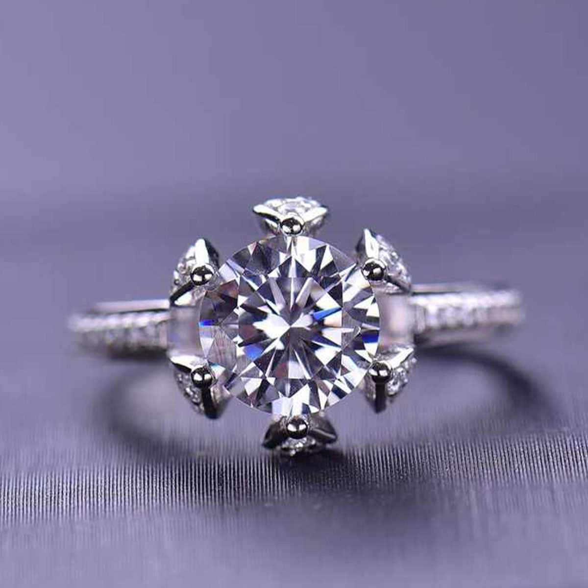 White Gold Rose Shape Adjustable Moissanite Ring