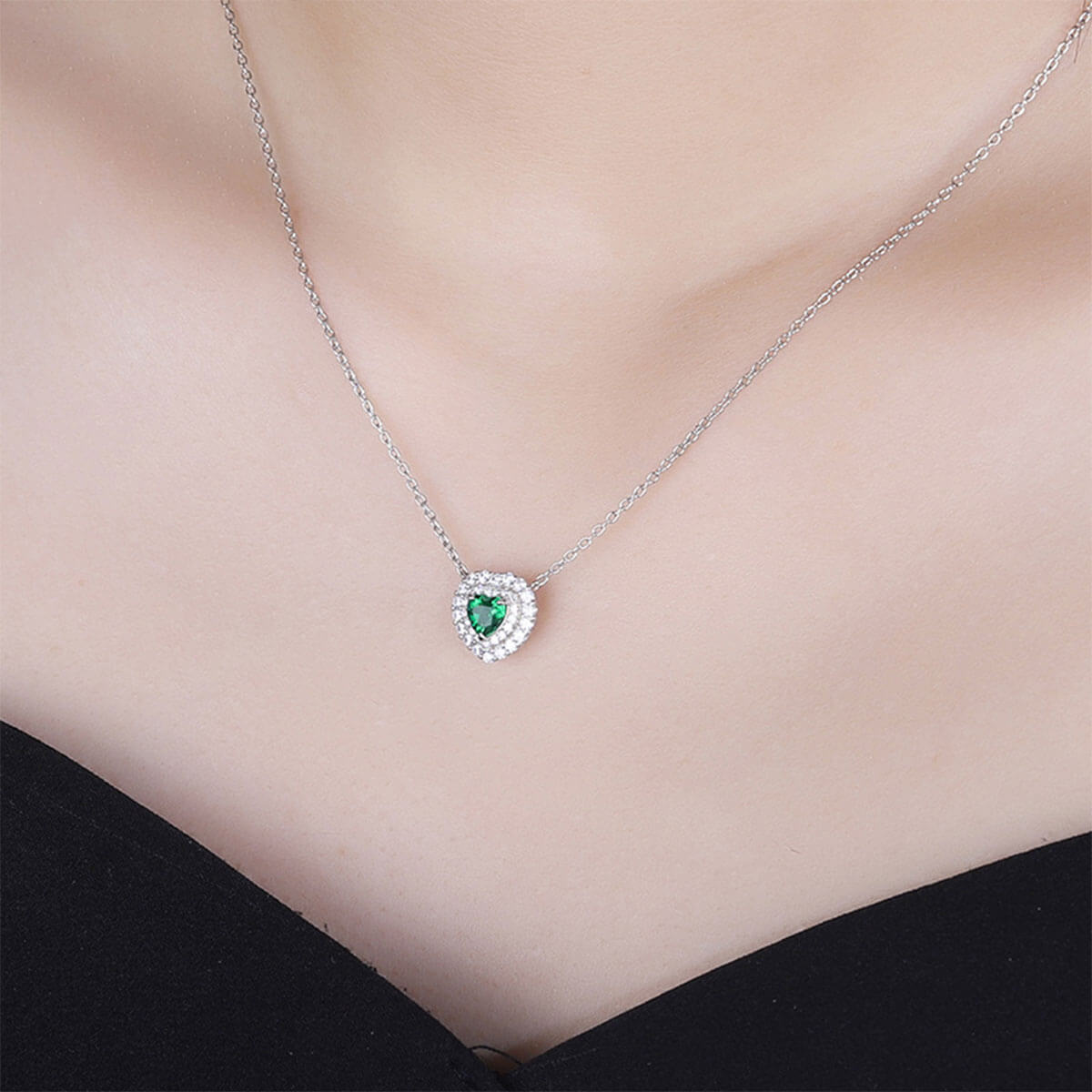 White Gold Heart Shape Double Halo Emerald Chain