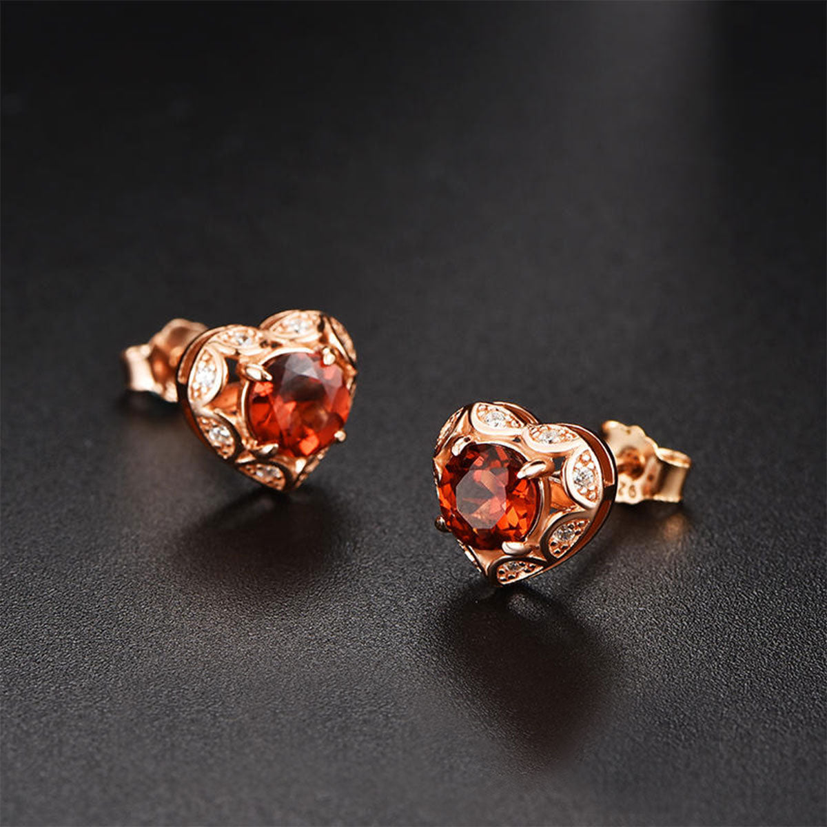 Rose Gold Ruby Garnet Hollow Heart Shape Stud Earrings