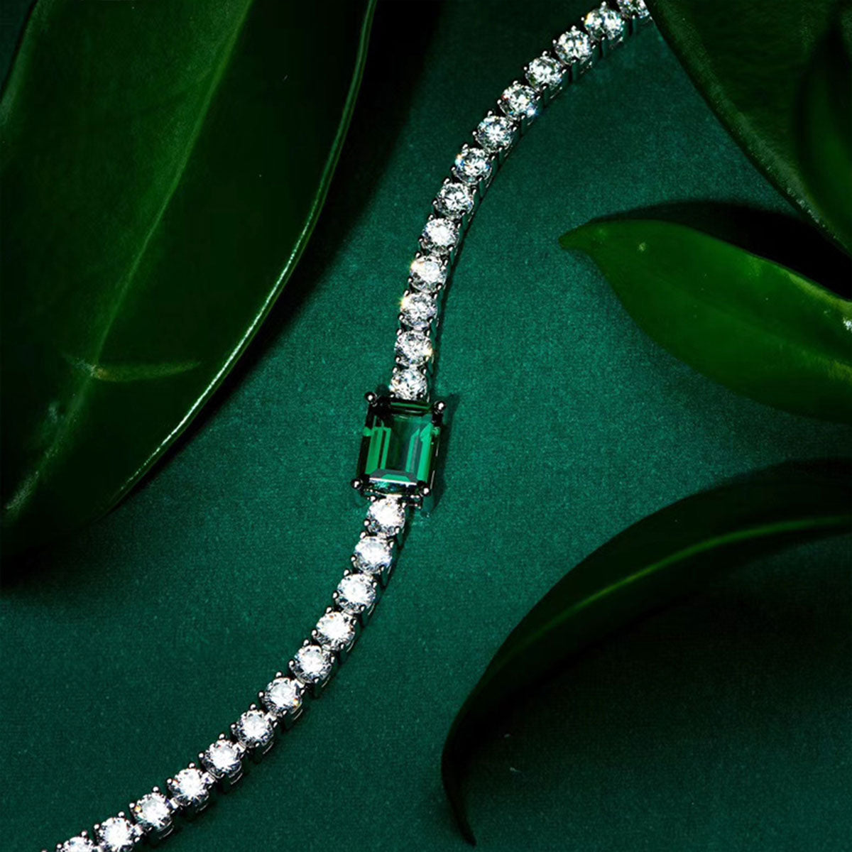 White Gold Square Emerald Gem Tennis Bracelet