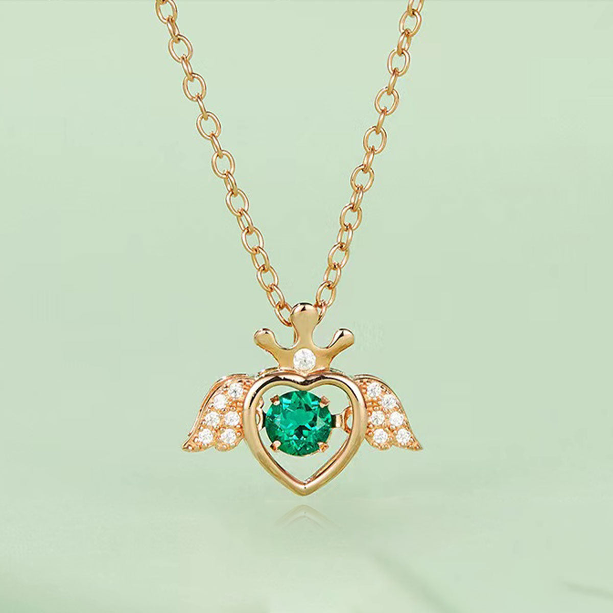 Rose Gold Hollow Wing Heart Beating Emerald Chain